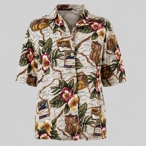 Teddi Womens Small Vintage Map Travel Floral Rayon Short Sleeve Button Up Shirt